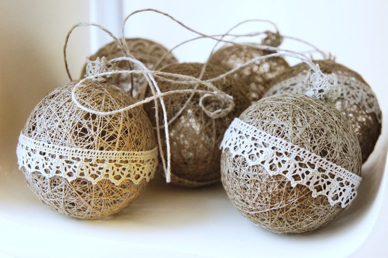 Natural linen Christmas ornaments Set of 6 image 1