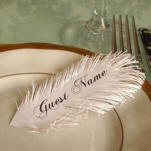 Feather place cards handmade of iridescent White paper, Name Printing Included image 3