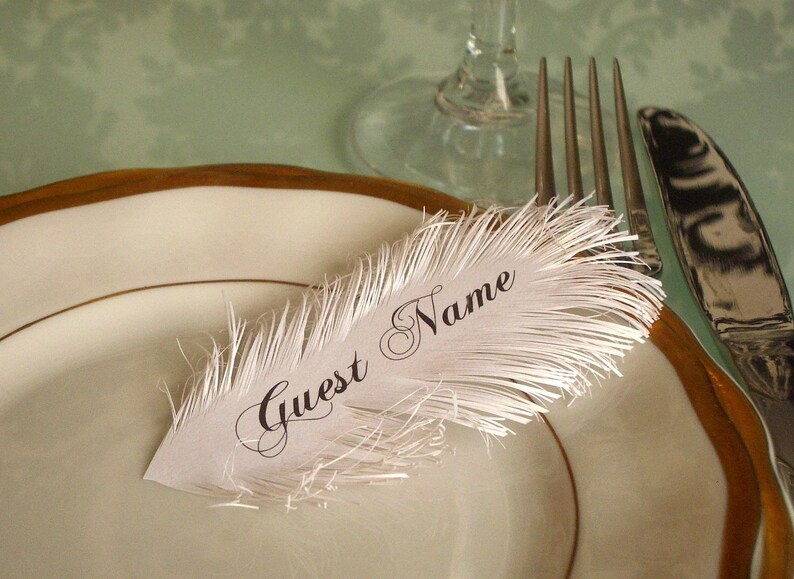 Feather place cards handmade of iridescent White paper, Name Printing Included image 3