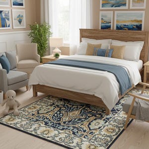 Hand-Knotted Wool Rug | Navy Blue Floral Medallion Persian Style Carpet | William Morris Inspired Vintage Area Rug for Living Room, Bedroom