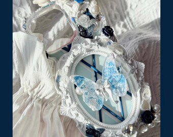 Handmade Aqua Butterfly Phone Case: Ethereal Decoden Pearl & Rose Design