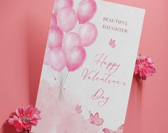 Personalized Valentine's Day Card for Daughter, Pink Balloons (Printable PDF & Canva)