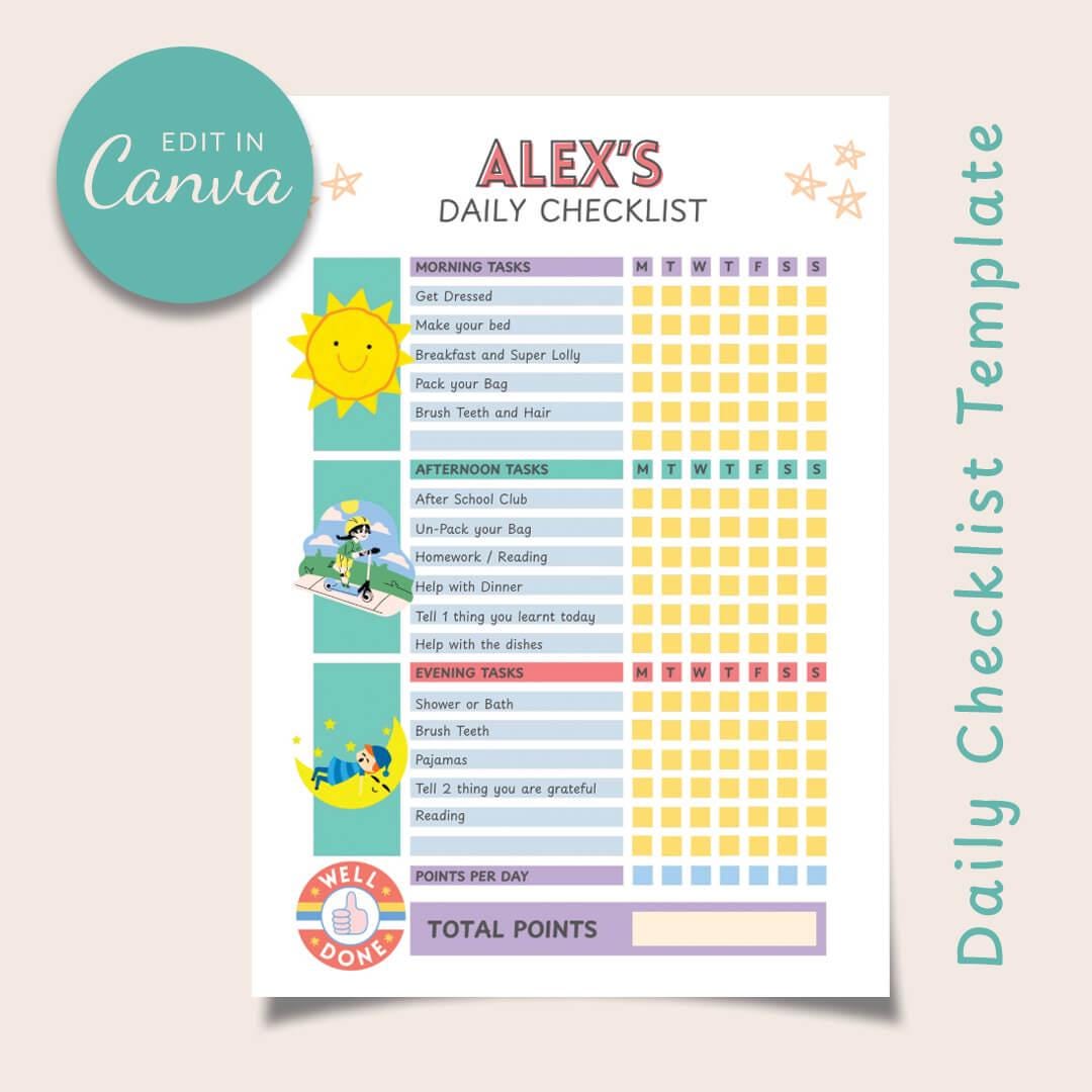 Personalised Kids Daily Routine Checklist – Editable Canva Printable ...