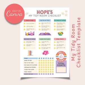 Może przedstawiać: Drukowana lista kontrolna zatytułowana "Hope's My Tidy Room Checklist" z zadaniami takimi jak ścielenie łóżka i sprzątanie zabawek. Projekt zawiera pastelowe kolory, ilustracje i odznakę "Dobrze wykonane" za wykonane zadania.