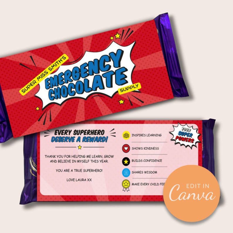 Teacher Chocolate Wrapper Template Superhero Teacher Gift Editable