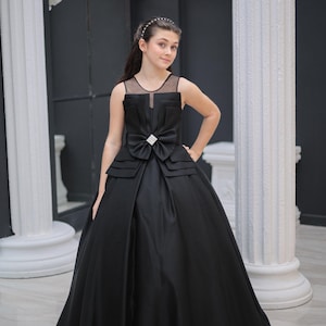 Elegant Black Glitter Satin Ball Gown - Girls Formal Dress with Bow - Sleeveless Princess Dress for Special Occasions