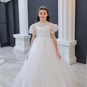 Hand-Embroidered White Tulle Flower Girl Dress with Puffed Sleeves | Adjustable Sizing for Ages 2-11 | Ethical Kids Wedding Dress