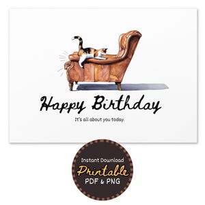 Carte d'anniversaire drôle de chat - téléchargement immédiat - chaise en cuir de grattage de chat espiègle - voeux d'anniversaire humoristiques pour des amoureux des chats