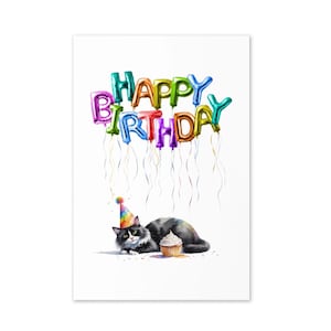 Carte d'anniversaire chat smoking imprimable – aquarelle pour amoureux des chats, téléchargement immédiat | Art de chat élégant