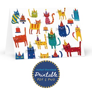 Cartão de aniversário engraçado de gato – Design de arte popular para impressão para amantes de gatos – Download instantâneo