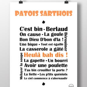 Peut inclure: Affiche blanche avec le titre "PATOIS SARTHOIS" en orange. Le texte noir en dessous présente des expressions d'un dialecte régional, dont "C'est bin - Berlaud" et "Heulâ bah dis!"