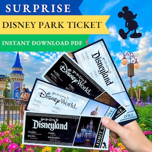 Imprimível Disneyland/Disneyworld Parque Temático, Bilhete falso de revelação surpresa / Download instantâneo Pdf, Bilhete Disney para prese