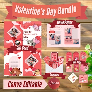 Paquete Romántico de San Valentín: Tarjeta Personalizada, Periódico de Amor, Etiquetas y Cupones Recortables para un Día Inolvidable