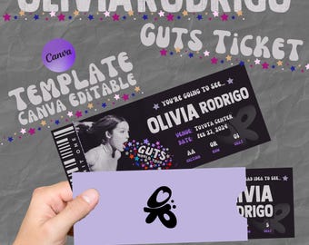 Olivia Rodrigo Guts Tour - Überraschungskonzertkarte, Olivia Merch, Andenken-Eintrittskarte für die Tour, Bearbeitbare Vorlage in Canva
