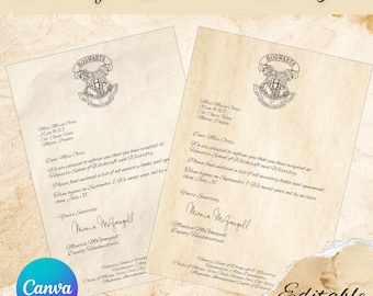 Zulassungsbescheid für das H. College of Witchcraft and Wizardry, 2 Buchstabenstile, editierbar für den eigenen Gebrauch oder als Geschenk