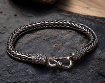Sterling Silver Viking Bracelet - Oxidized Norse Braided Chain