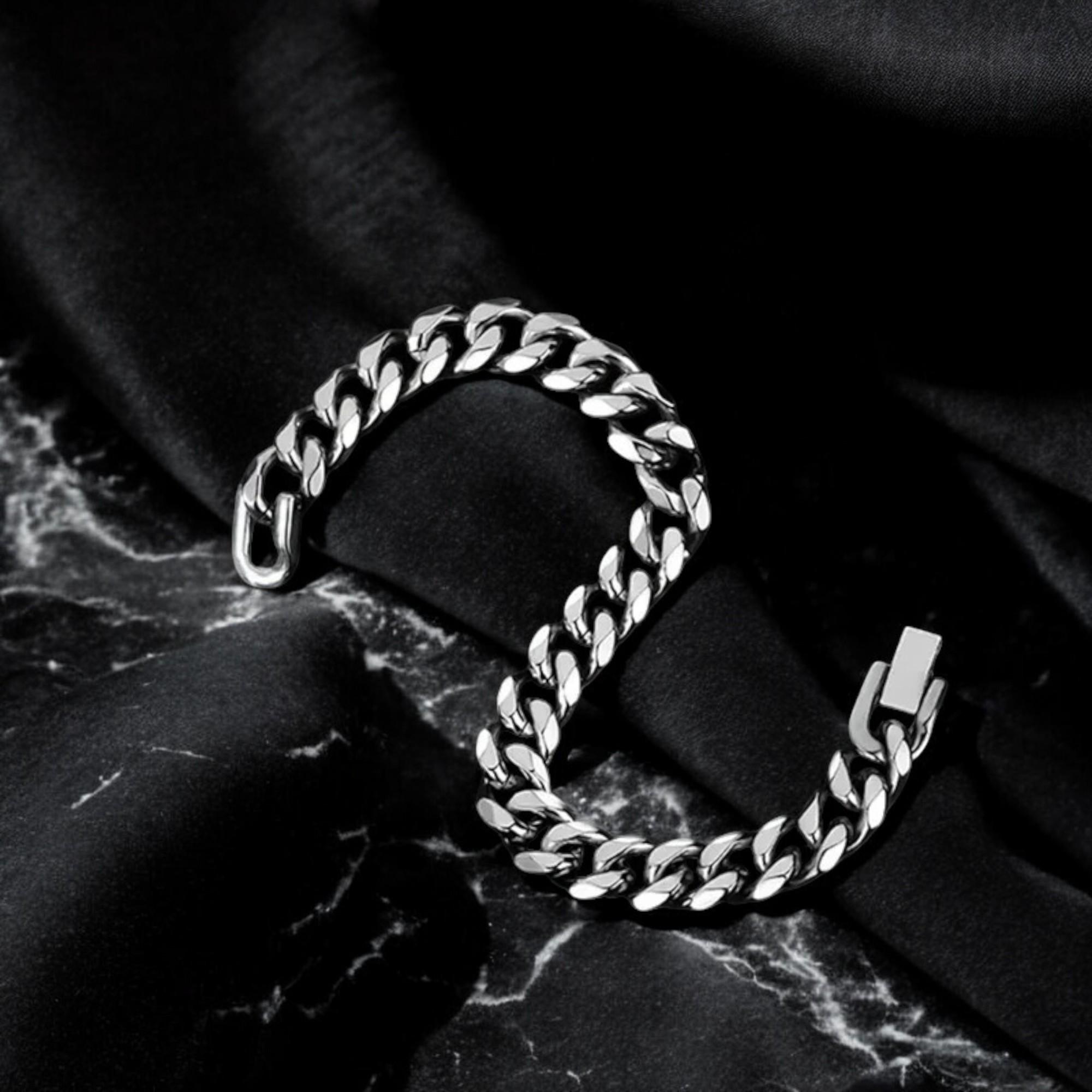 LuxGoth Stainless Steel Cuban Link Bracelet - Gothic Punk Skull Design, 9 Inch, Silver, For Men