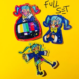 May include: A set of three stickers featuring a cartoon character with blue pigtails, a yellow bow tie, and a blue suit. One sticker is inside a television, another is standing, and the last is lying down. The words "FULL SET" are written in black.