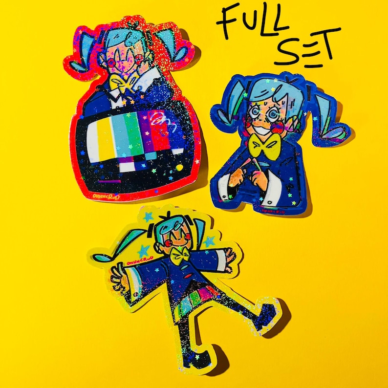 May include: A set of three stickers featuring a cartoon character with blue pigtails, a yellow bow tie, and a blue suit. One sticker is inside a television, another is standing, and the last is lying down. The words "FULL SET" are written in black.