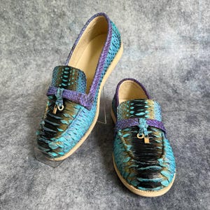 Luxury Snake Skin Loafers Women | Iridescent Python Leather Shoes | Handmade Slip-On | Sheepskin Lined | Exotic Footwear