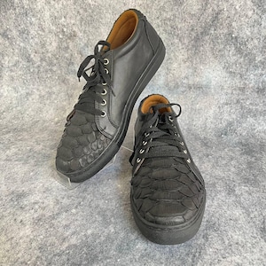Black Dragon Scale Leather Sneakers | Handmade Unisex Snake Skin Shoes | Foam Comfort Lining | Exotic Reptile Footwear | Size 36-43