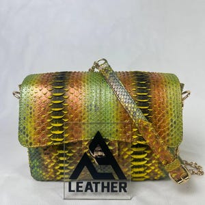 Genuine Snakeskin Mini Shoulder Bag – Green Gradient Python Leather Purse – Handmade Exotic Luxury