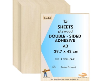 Paquete de 15 láminas adhesivas de doble cara, A3, de madera contrachapada de tilo de 3 mm para grabado láser | Madera lisa, corte láser, grabado, bricolaje y manualidades