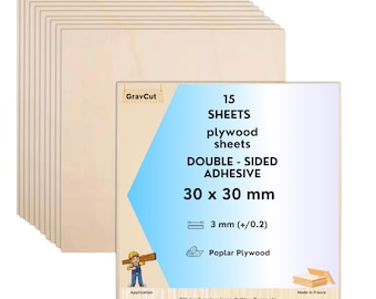 Paquete de 15 láminas de madera contrachapada de tilo de 30x30 cm y 3 mm de grosor con adhesivo de doble cara – Álamo, corte láser, grabado, bricolaje y manualidades.