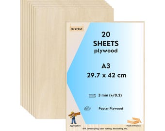 Pack of 20 A3 3mm Linden Plywood Sheets for Laser Engraving | Smooth Wood for Laser Cutting, Engraving, DIY & Crafting