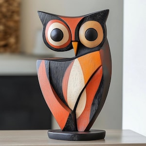 Hand Painted Wooden Owl Sculpture Colorful Owl Figurine Owl Lover Gift Abstract Painted Owl Carving Artisan Painted Owl Decor Wooden Owl