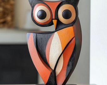 Hand Painted Wooden Owl Sculpture Colorful Owl Figurine Owl Lover Gift Abstract Painted Owl Carving Artisan Painted Owl Decor Wooden Owl