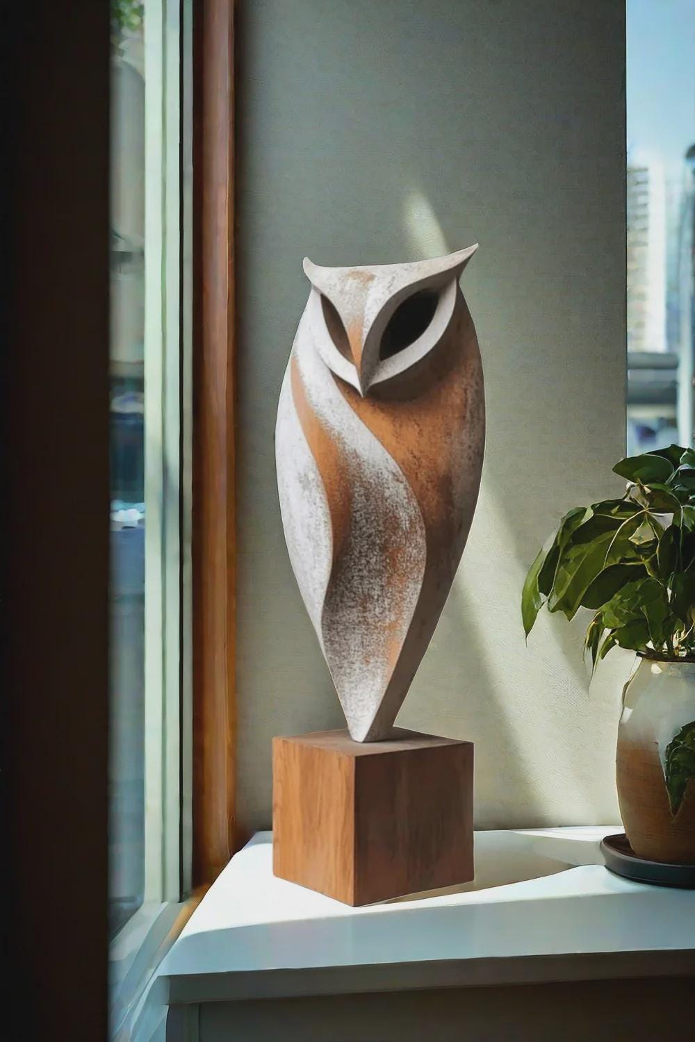 Hand-Carved Abstract Owl Wood Sculpture | Organic Modern Decor Unique Bird Figurine Minimalist Home 