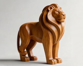 木製のライオンの彫刻、手彫りの彫像、木彫り、アフリカの動物の置物