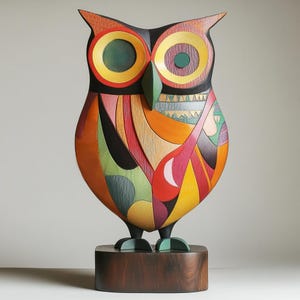 Hand Painted Wooden Owl Sculpture Colorful Owl Figurine Owl Lover Gift Abstract Painted Owl Carving Artisan Painted Owl Decor Wooden Owl