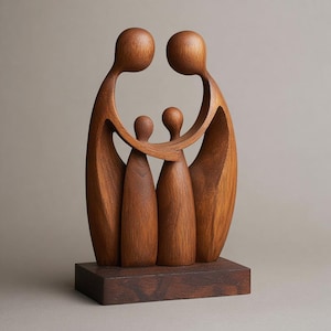 Family Wood Sculpture Parent and Child Figurine Minimalist Wooden Statue Emotional Home Decor, Anniversary Gift Idea