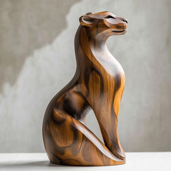 Hand Carved Wood Panther Sculpture: Modern Abstract Animal Art Decor