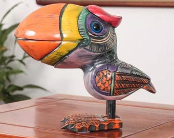 Hand Painted Toucan Wood Sculpture Colorful Tropical Bird Decor Wooden Animal Figurine Handcrafted Colorful Bird Statue Toucan Wood Art
