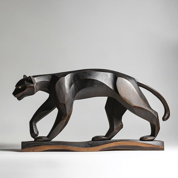 Hand Carved Wooden Panther Sculpture: Modern Abstract Animal Art