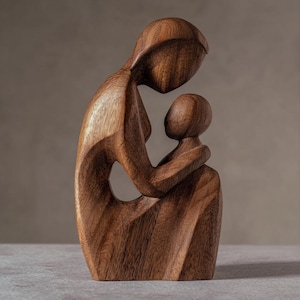 Family Wood Sculpture Parent and Child Figurine Minimalist Wooden Statue Emotional Home Decor, Anniversary Gift Idea