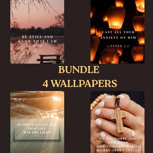 Peut inclure: Un ensemble de quatre fonds d'écran numériques avec des citations inspirantes. Les images comprennent un coucher de soleil sur un lac, des lanternes flottantes, un rayon de lumière et une croix en bois. Le texte comprend "Be Still and Know That I Am God".