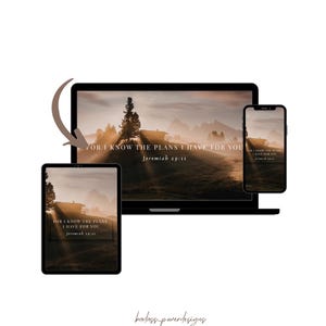 May include: A digital design displayed on a laptop, tablet, and smartphone, showing a landscape with a house and trees. The text "FOR I KNOW THE PLANS I HAVE FOR YOU Jeremiah 29:11" is visible on each device. The design has a warm, golden colour scheme.