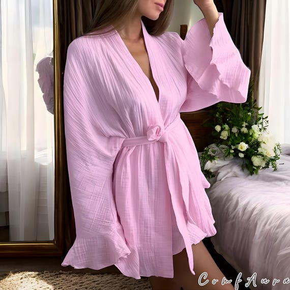 Bata de punto gofre rosa ruborizado, bata de pijama ligera de