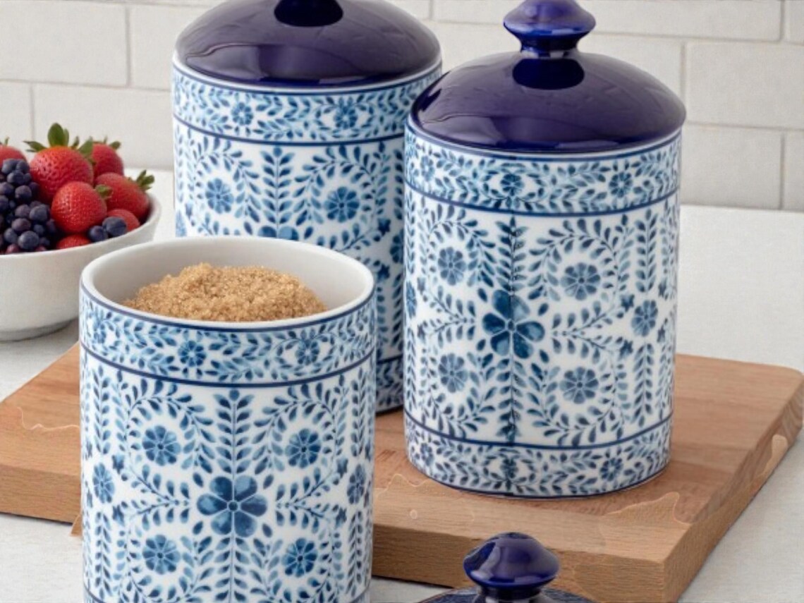 Ceramic Spice Jar Set | White and Blue Floral Kitchen Storage - Etsy