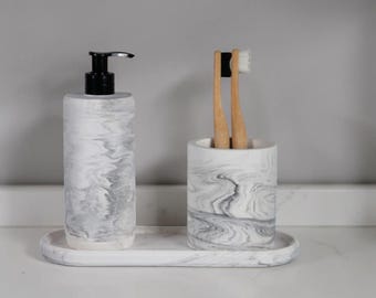 Juego de baño de hormigón con diseño de mármol – Dispensador de jabón, portacepillos de dientes y bandeja de 3 piezas, decoración minimalista para el baño