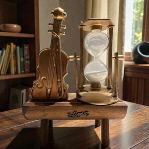 Può includere: Un set decorativo composto da una clessidra e un violino in legno, posto su una piccola panca di legno. La clessidra ha una cornice dorata e sabbia bianca. Il violino è dorato. La panca ha incisa la parola "Love".
