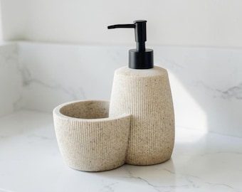 Cream Soap Dispenser with Black Pump – Polyresin Liquid Soap Bottle, Modern Bathroom & Kitchen Decor, Minimalist Sink Accessory