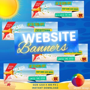 May include: A collection of website banner designs with a beach theme. Each banner features text like "Flash Sale," "Up to 60% Off," and "Shop Now." The banners are set against a blue background with a sun and beach ball.
