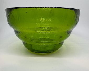 Blenko HandBlown Pyramid Step Bowl. Thick Textured Green. Signed on bottom by Walter Blenko?