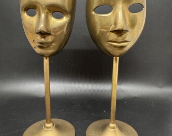 Brass Theater Mask on Stand. Drama Masquerade Face. Set of 2
