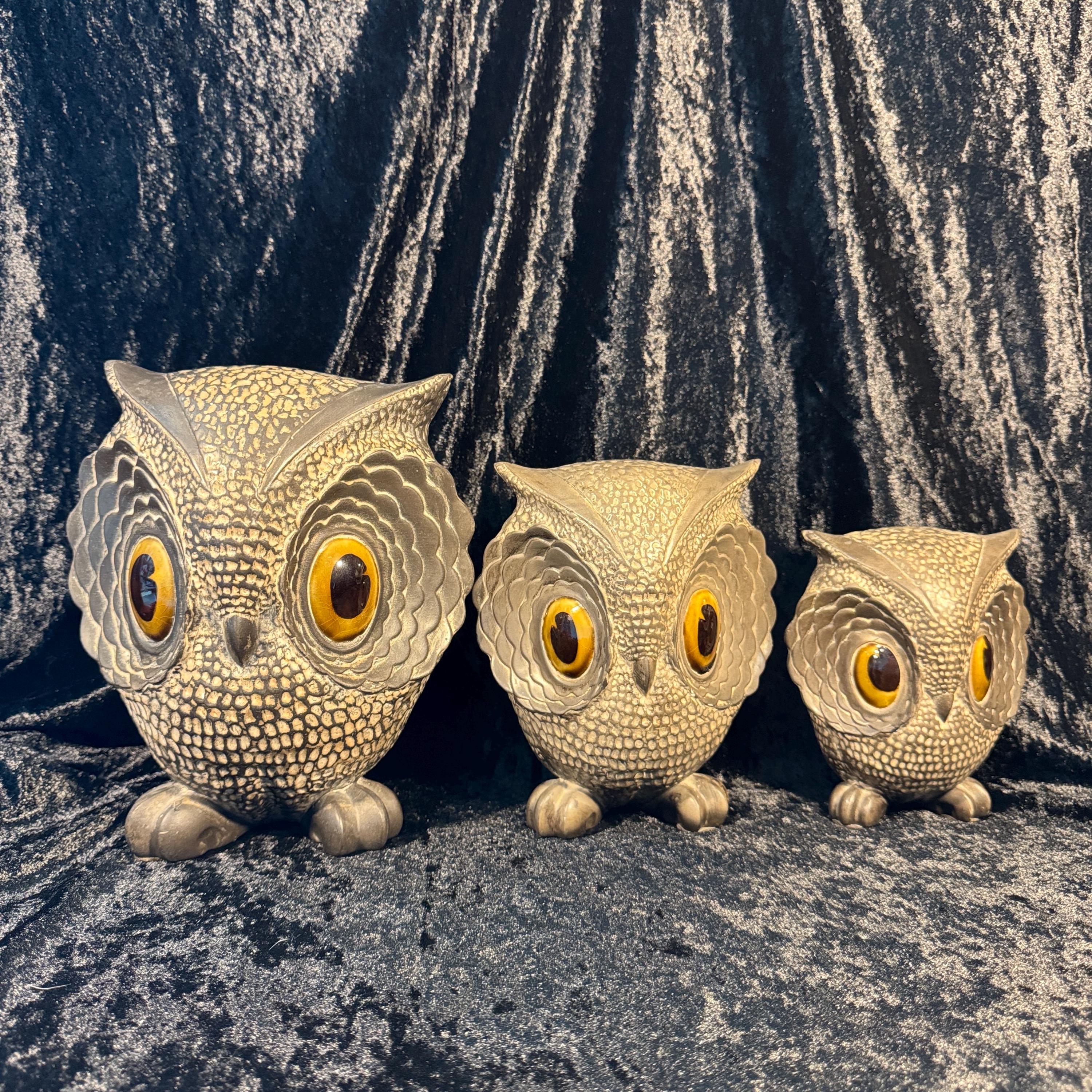 MCM Freeman McFarlin Big Eyed Owl Pottery Sculptures. Family of 3